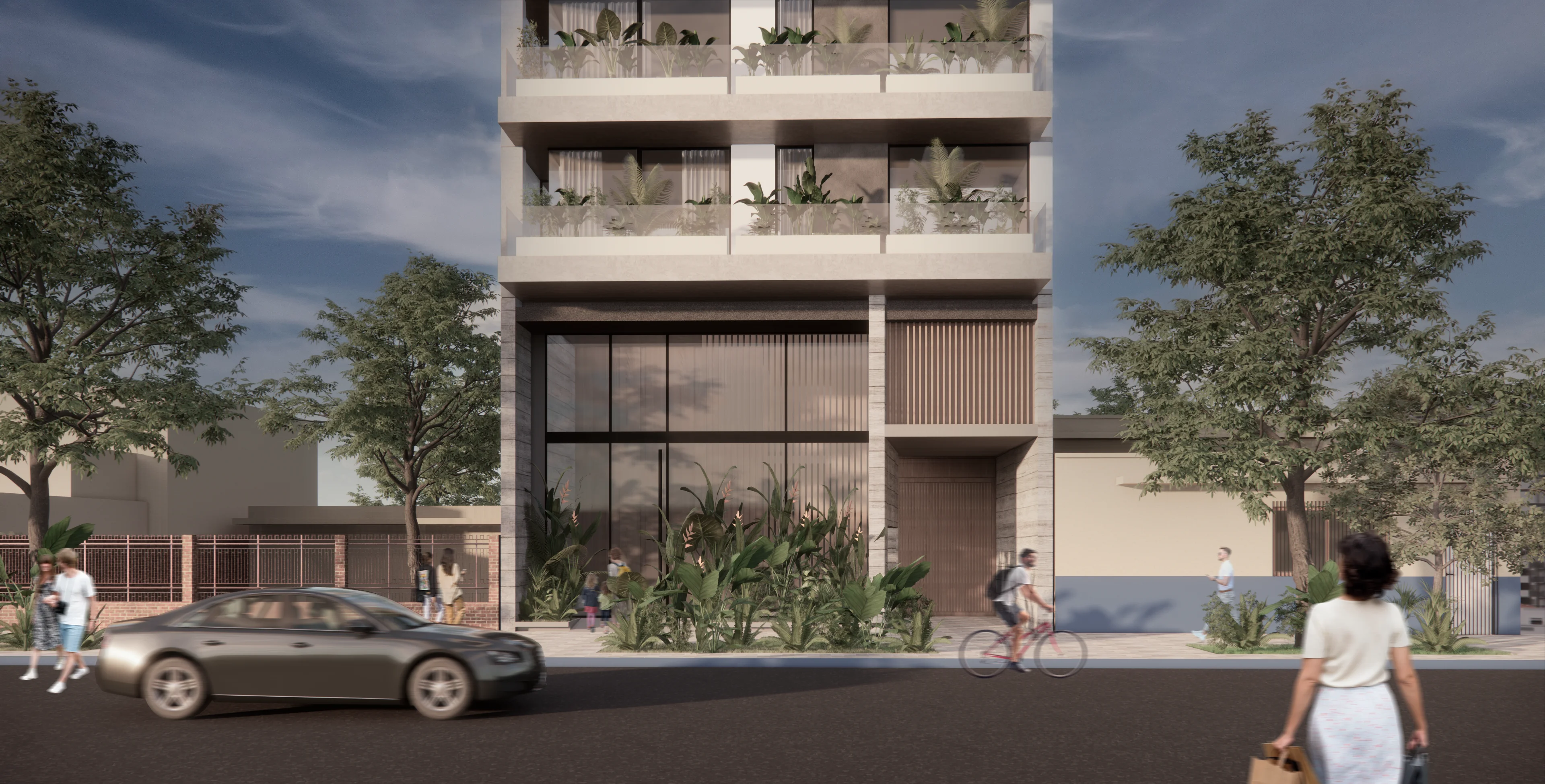 Modern residential building exterior with lush greenery and street life