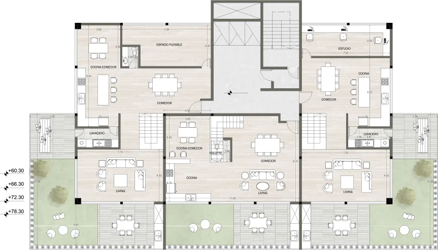 Tipología 3a — dúplex, planta baja con áreas comunes